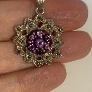 Elegant Purple Amethyst Vintage Sterling Silver Pendant with Marcasite